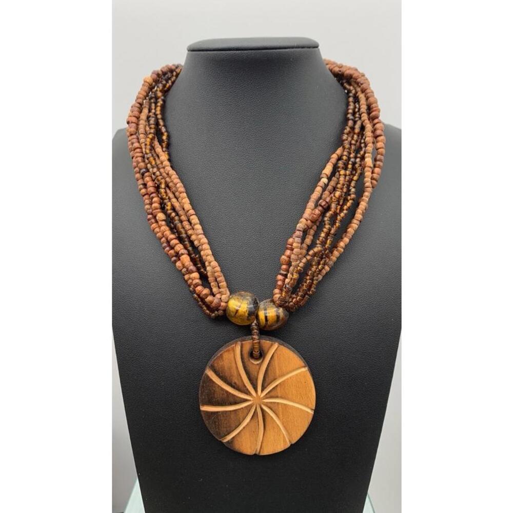 Vintage Multi Layered Wood & Seed Bead Necklace With Round Carved Pendant Boho